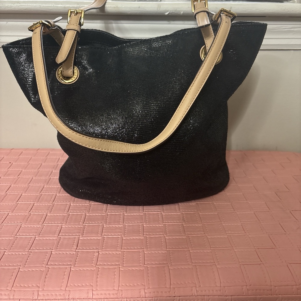Michael Kors Black Shiny Shoulder Bag with Beige Straps